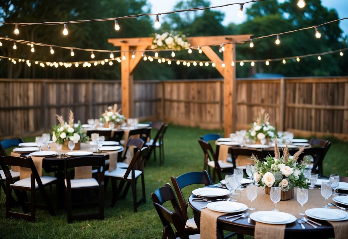 A backyard wedding with string lights, a rustic wooden arch, and floral arrangements in mason jars. Tables set with vintage china and burlap runners