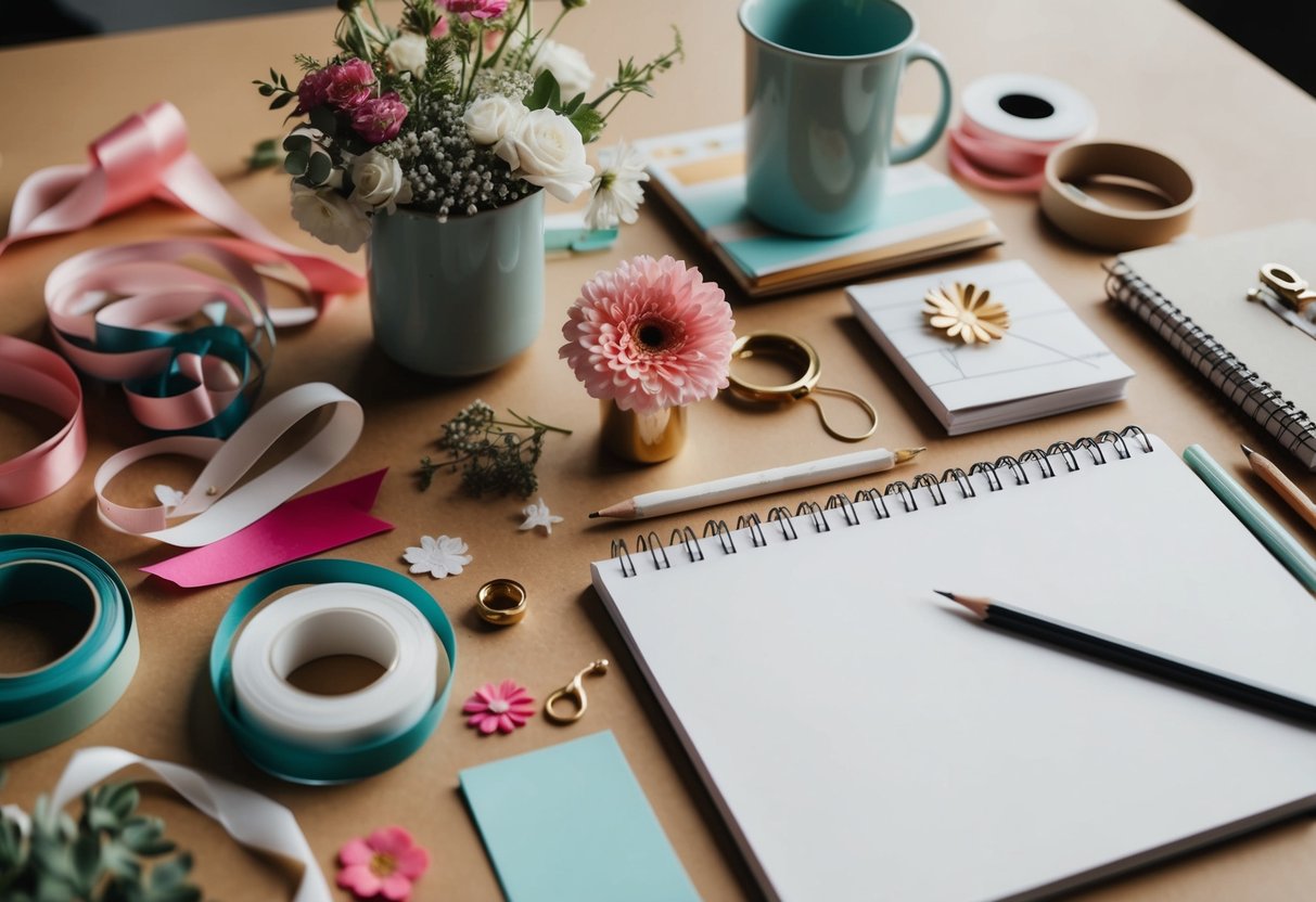A table set with various crafting supplies, including ribbons, flowers, and paper, alongside a sketchbook and pencil for planning