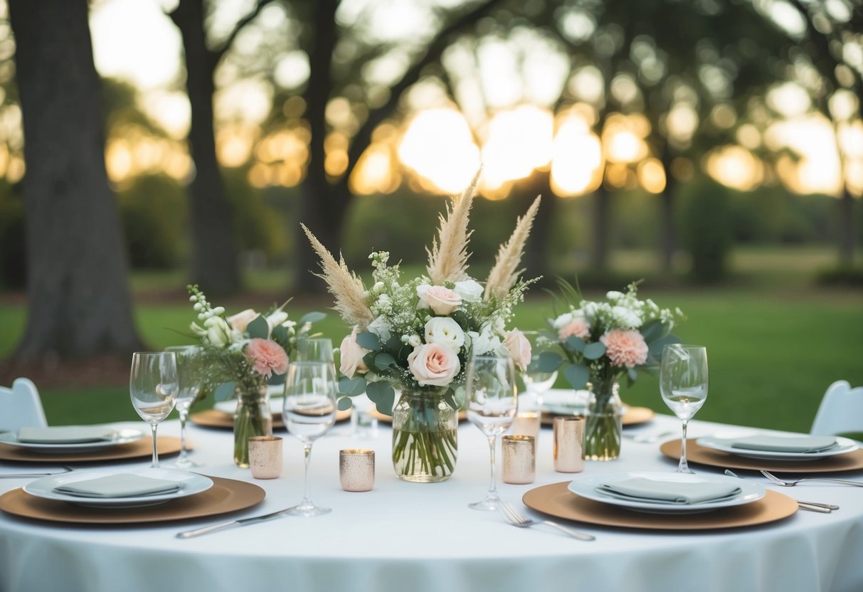 A table set with DIY wedding decorations, flowers, and homemade centerpieces