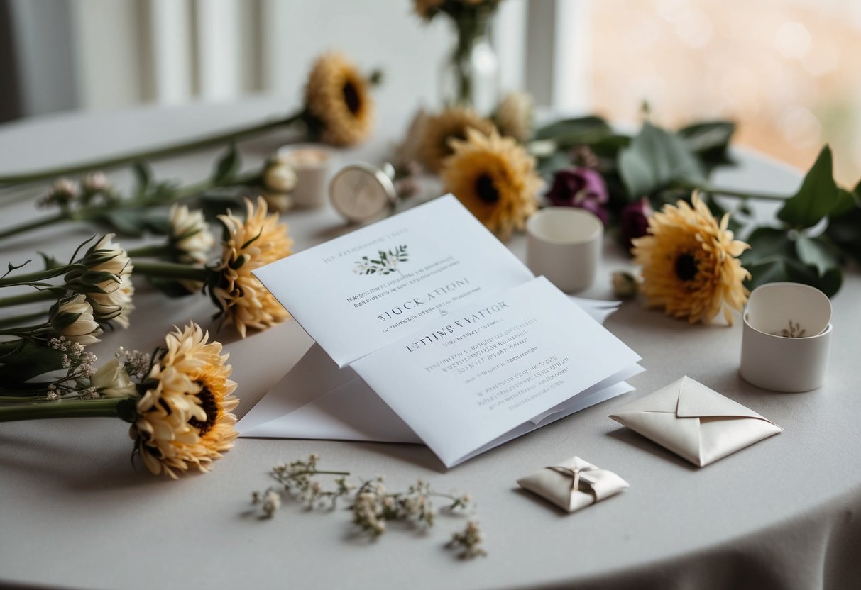 A crumpled wedding invitation lies discarded on a table, surrounded by wilted flowers and abandoned wedding favors