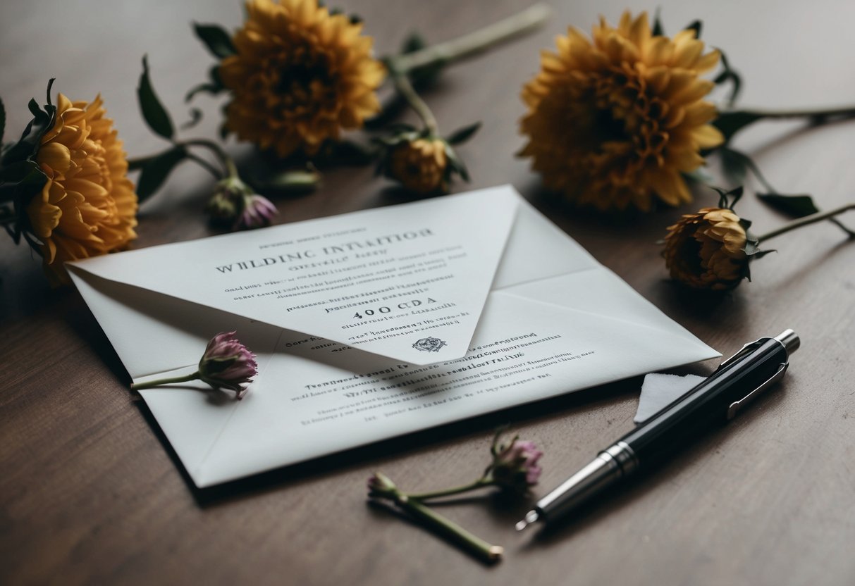 A crumpled wedding invitation lies discarded on a table, surrounded by wilted flowers and a broken pen