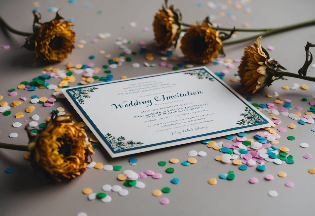 A beautifully decorated wedding invitation lies discarded on a table, surrounded by scattered confetti and wilted flowers