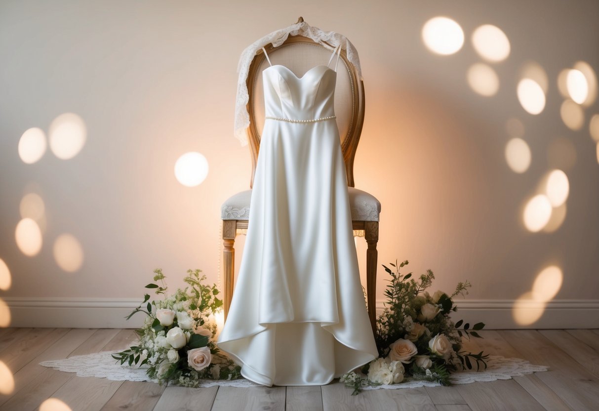 A simple wedding dress draped over a vintage chair, surrounded by delicate lace, pearls, and flowers. A soft, warm light illuminates the dress, creating a romantic and elegant atmosphere