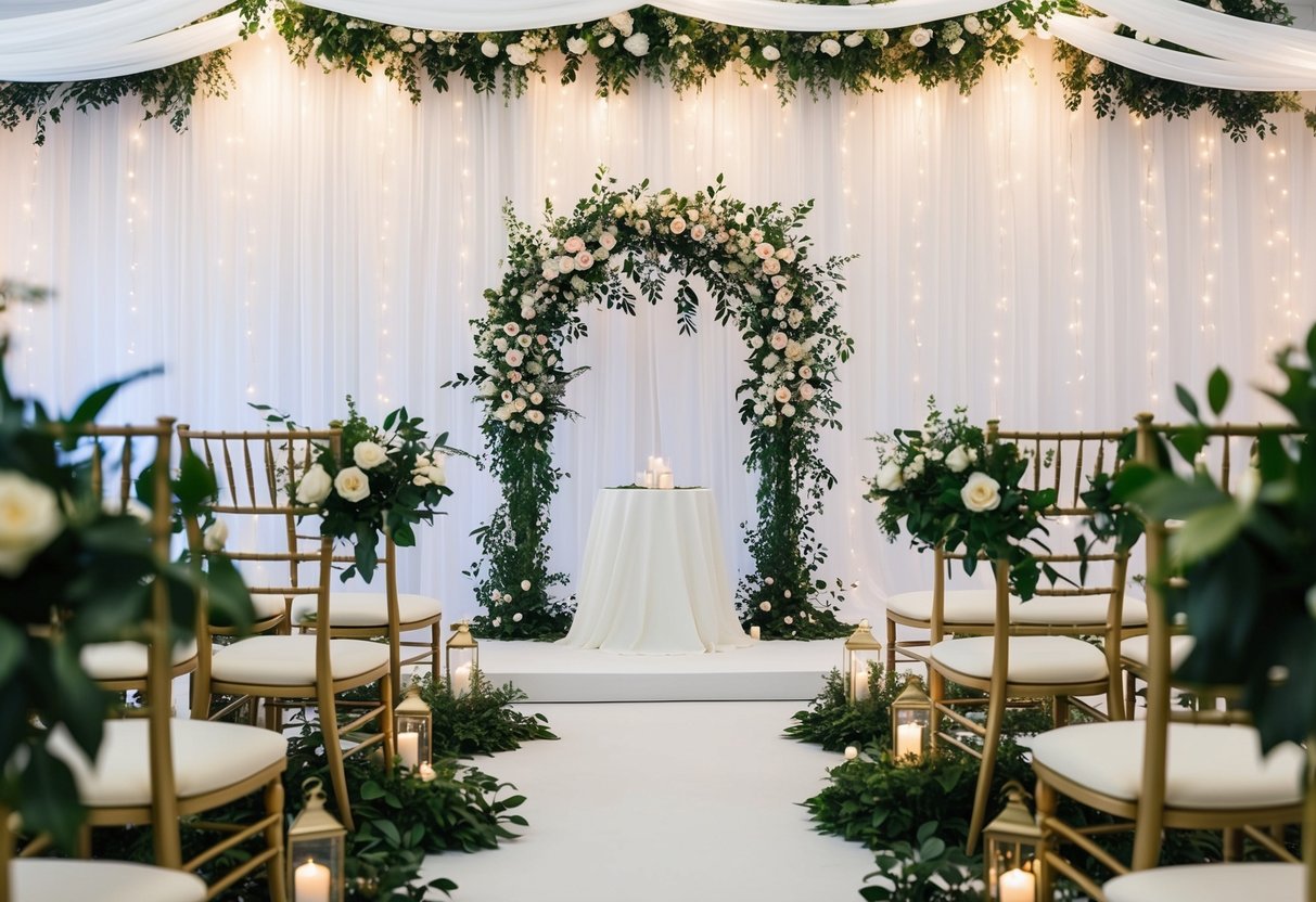 The room is adorned with white drapery, twinkling fairy lights, and lush greenery. A floral arch stands at the center, surrounded by elegant chairs and a simple yet elegant altar