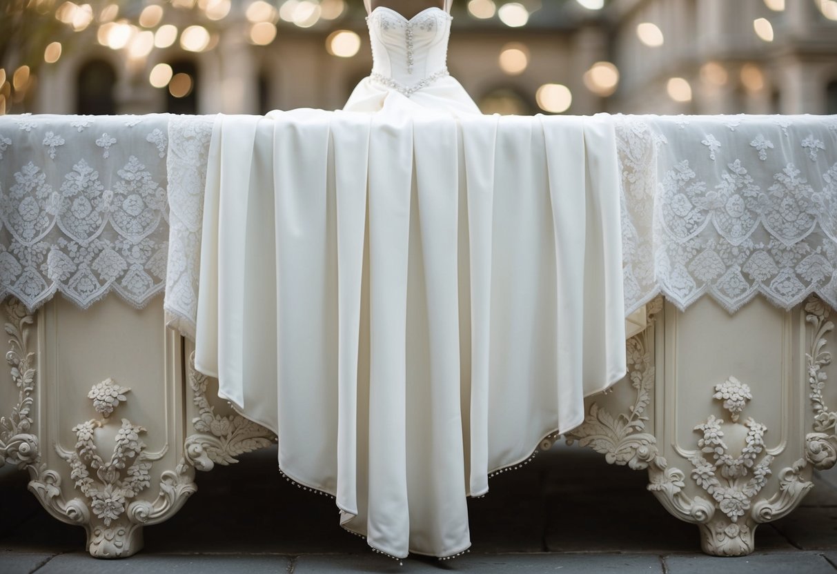A simple wedding dress drapes gracefully over an ornate, antique-style foundation, with delicate lace and intricate beading adding an elegant touch