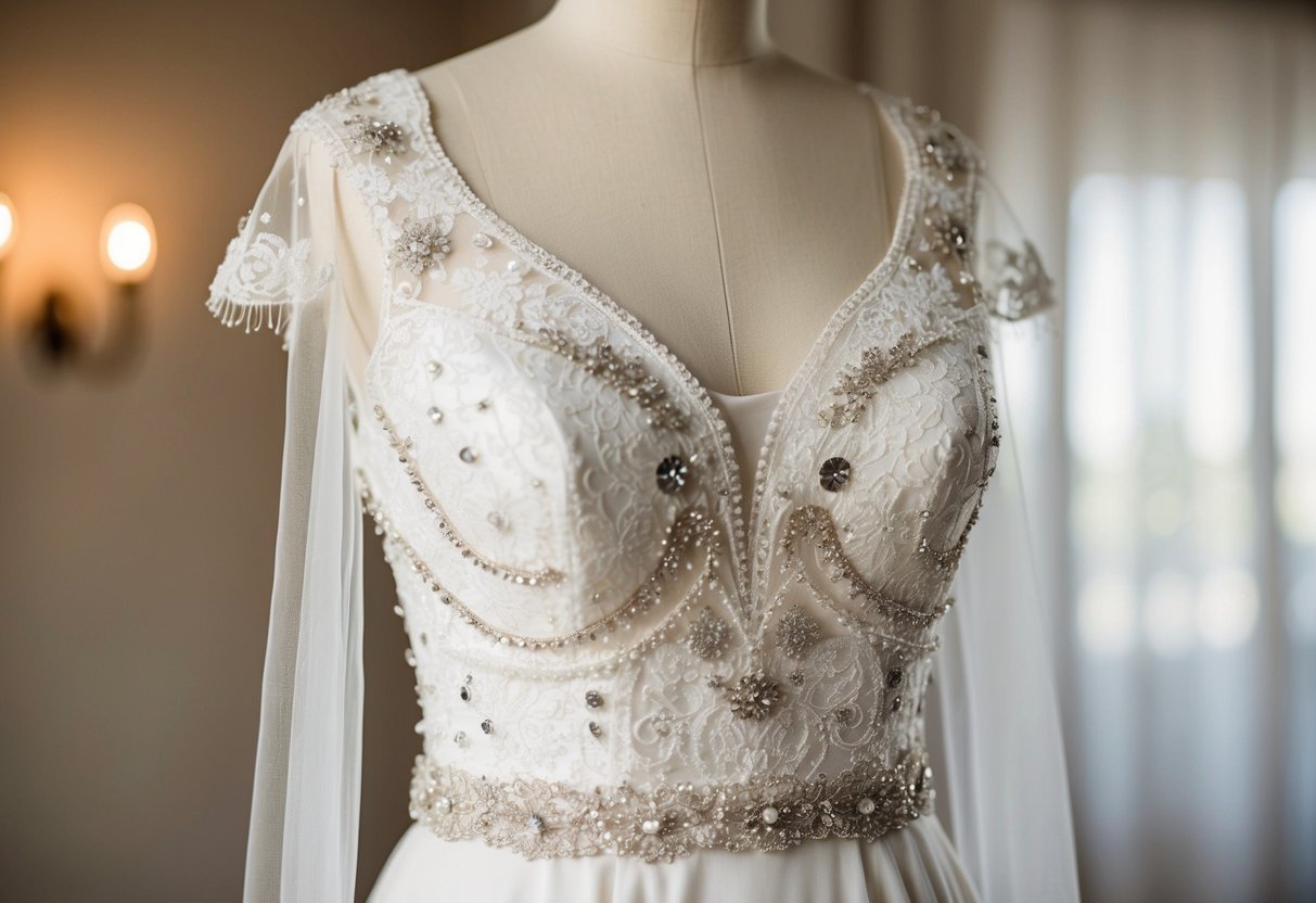 A simple wedding dress adorned with delicate lace, intricate beading, and shimmering sequins, creating an elegant and timeless look