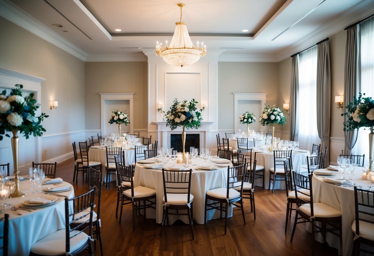 A plain room transformed with elegant tables, seating, and decor for a wedding celebration