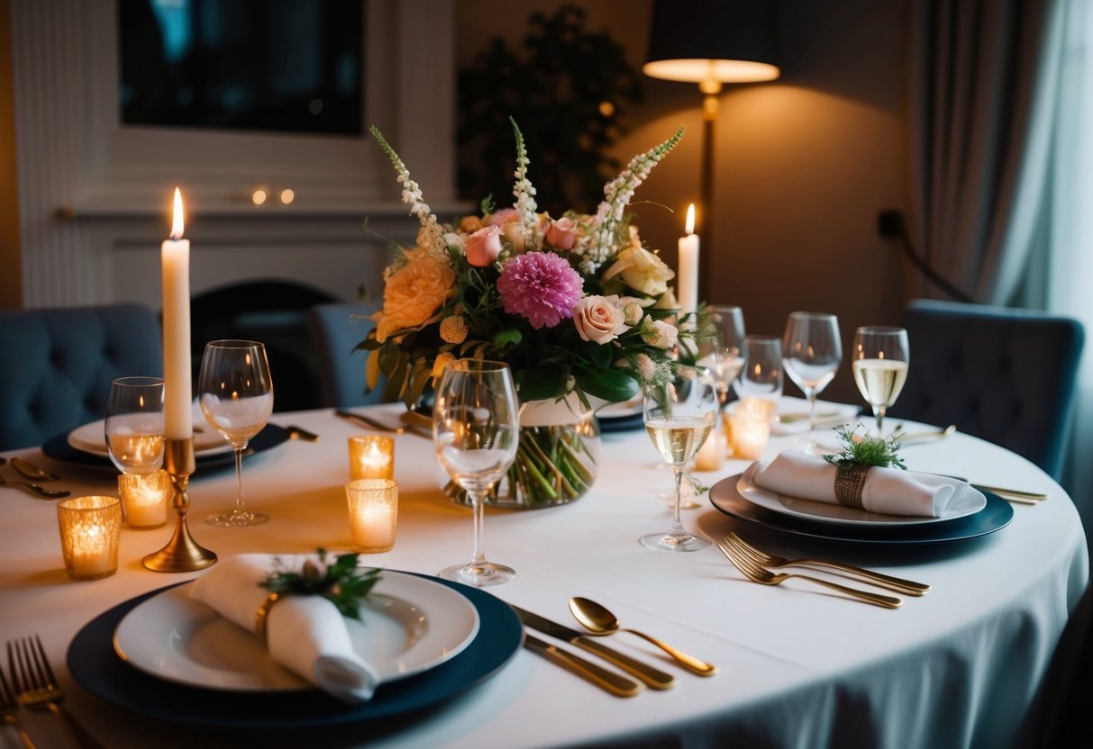 A table set with elegant place settings, adorned with fresh flowers and flickering candles, in a cozy, dimly lit room with soft music playing in the background