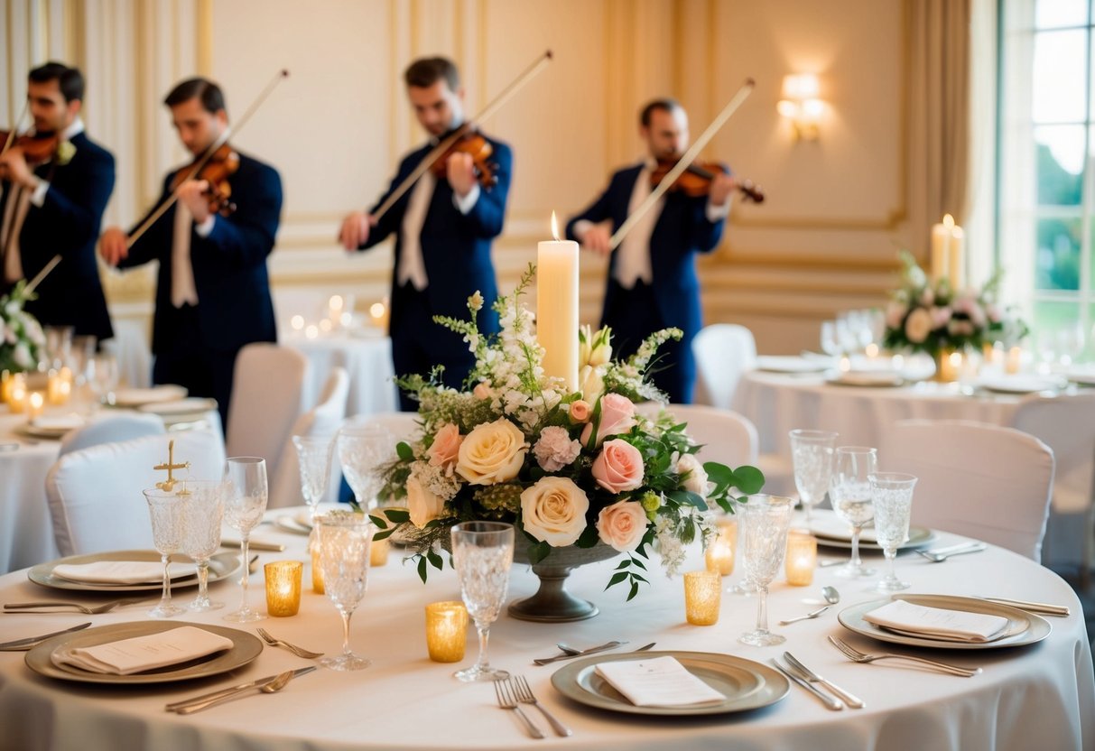 A table adorned with floral centerpieces, candles, and elegant place settings. A string quartet plays in the background, filling the air with soft, romantic music
