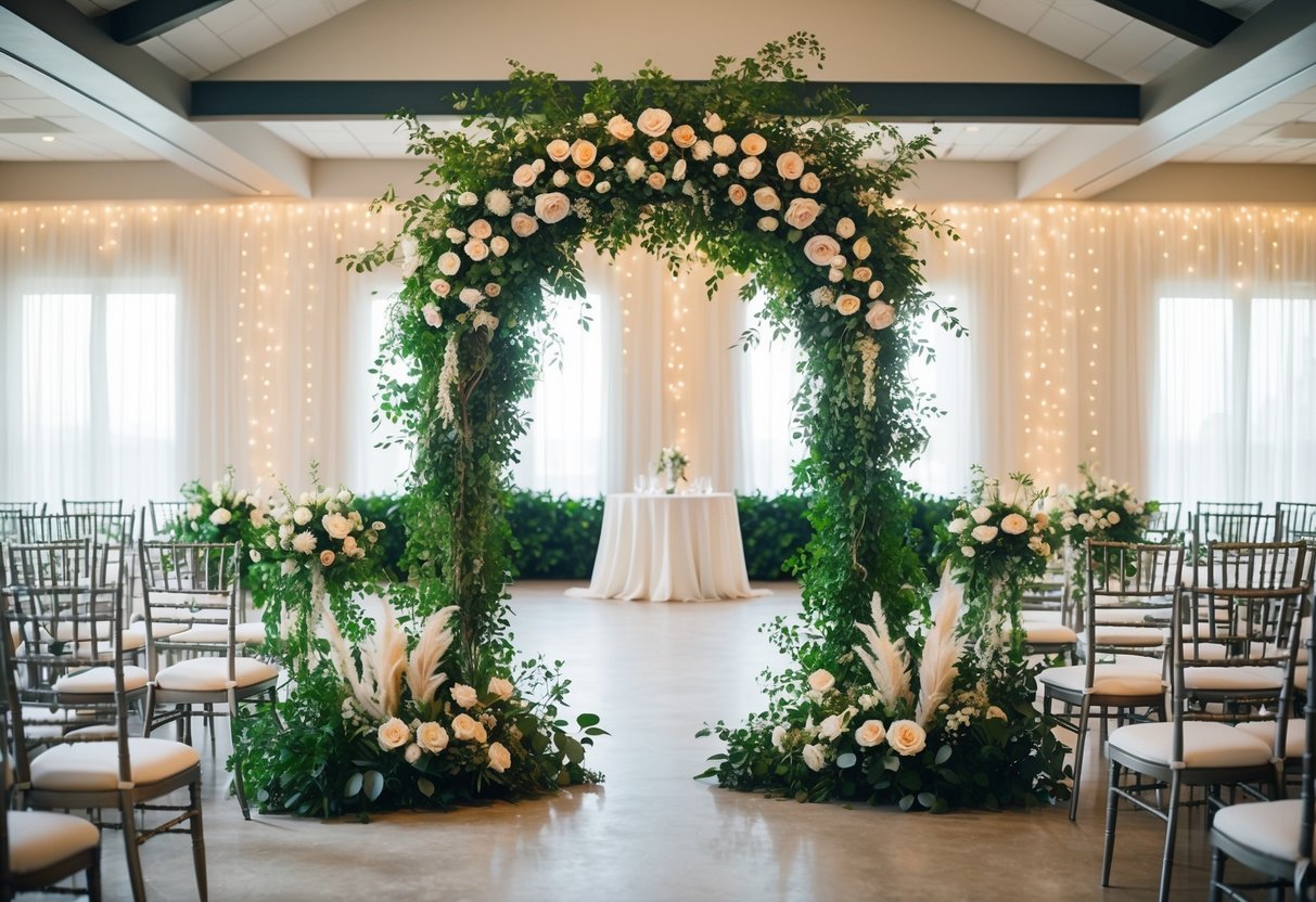 The wedding venue is adorned with lush greenery, elegant floral arrangements, and twinkling fairy lights to fill the empty space