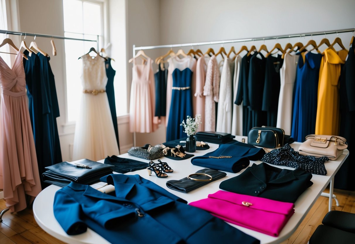 A table with a variety of clothing options laid out, including dresses, suits, and accessories, with a mirror nearby for trying on