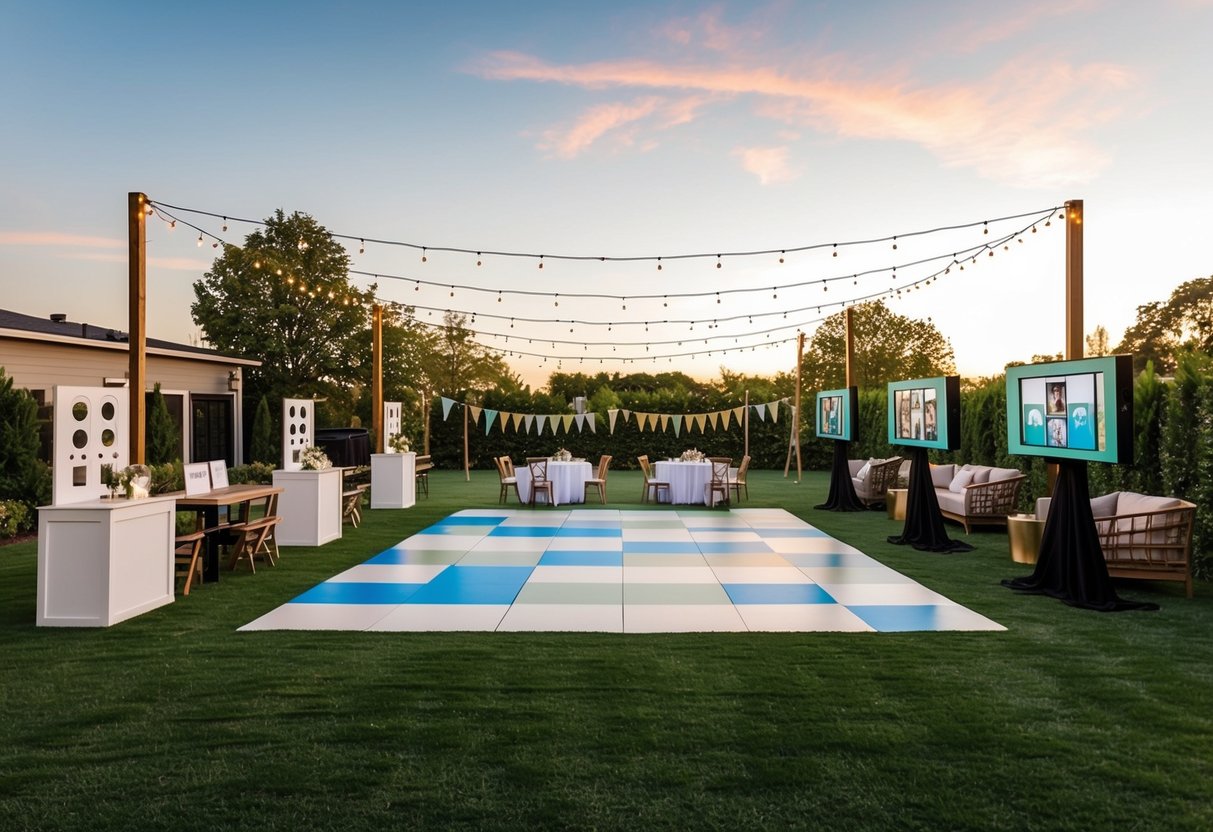 A wedding venue with interactive stations like photo booths, lawn games, and a dance floor surrounded by string lights and cozy seating areas