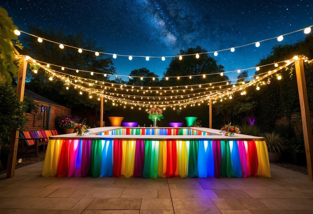 A festive garden party with colorful decorations, string lights, and a dance floor under a starry night sky