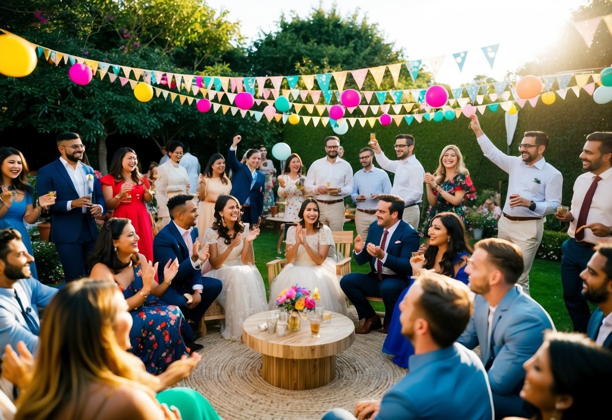 A festive gathering in a sunlit garden, with colorful decorations, music, and joyful guests celebrating love and unity