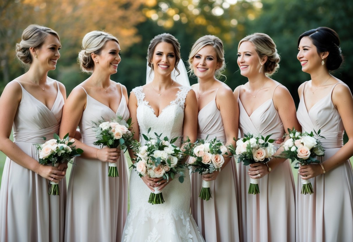 A group of five bridesmaids in matching dresses stand next to the bride, holding bouquets and smiling