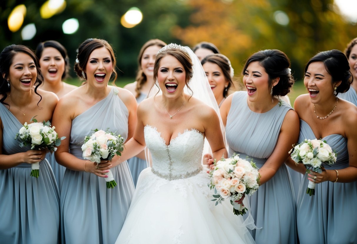 A bride surrounded by a group of bridesmaids, with a mix of excitement and anticipation in the air