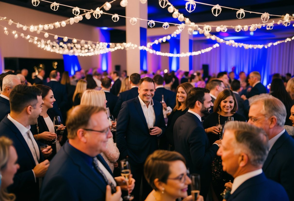 A festive gathering with decorations and music, guests mingling and chatting in a celebratory atmosphere