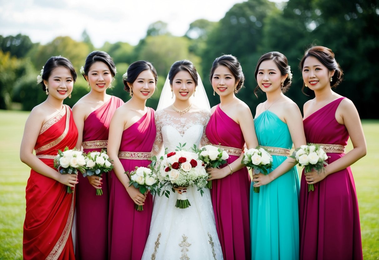 A group of bridesmaids in traditional dresses standing beside the bride