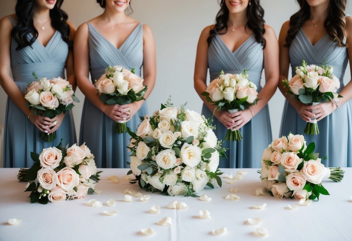 A bride's bouquet and five bridesmaid's bouquets arranged on a table with scattered rose petals