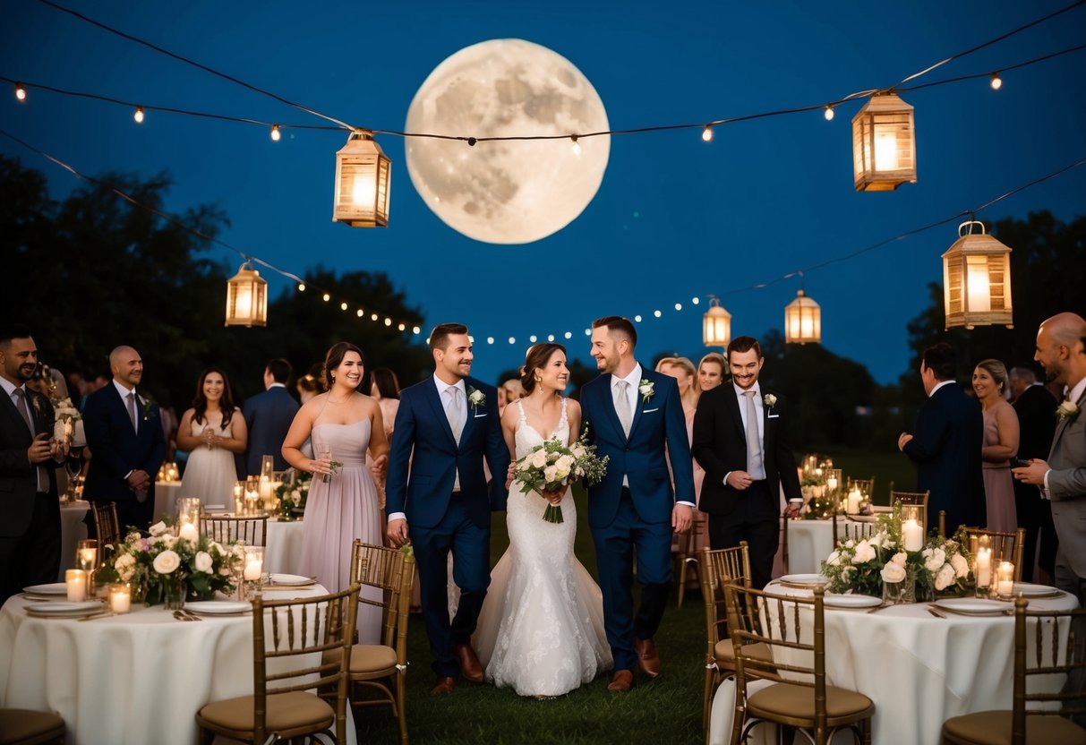 Guests depart wedding reception under moonlit sky, lanterns aglow. Tables remain adorned with flowers and candles, while music drifts through the night air