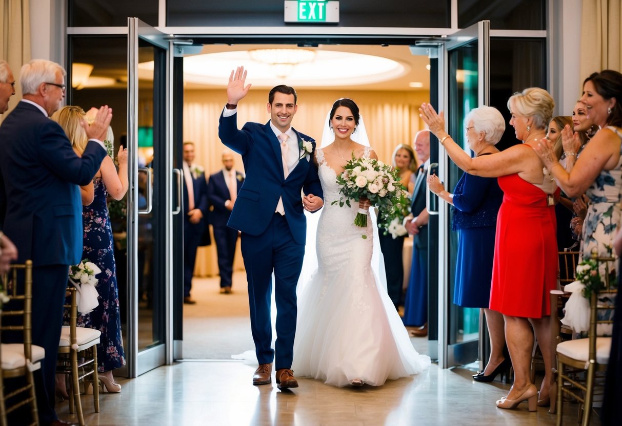 A bride and groom stand at the exit, waving goodbye to guests as they depart from the wedding reception