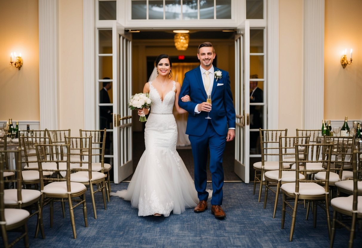 A bride and groom stand at the exit of a grand reception hall, surrounded by empty chairs and half-finished glasses of champagne