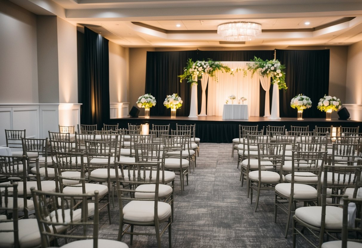 A neatly arranged event venue with empty chairs and tables, a beautifully set up stage, and a serene atmosphere