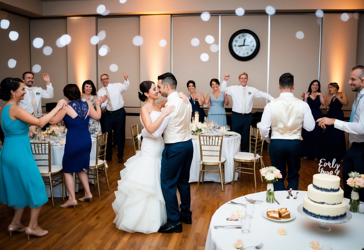 Guests dancing, bride and groom at head table, empty chairs, half-eaten cake, wedding favors on tables, and a clock showing an early departure time