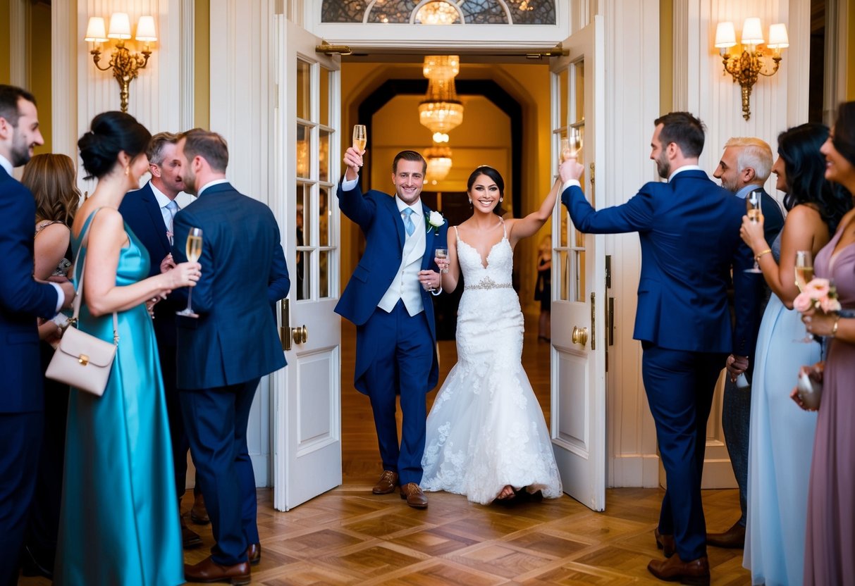 Guests mingling, champagne glasses clinking, and a newlywed couple waving goodbye at the door of a grand reception hall