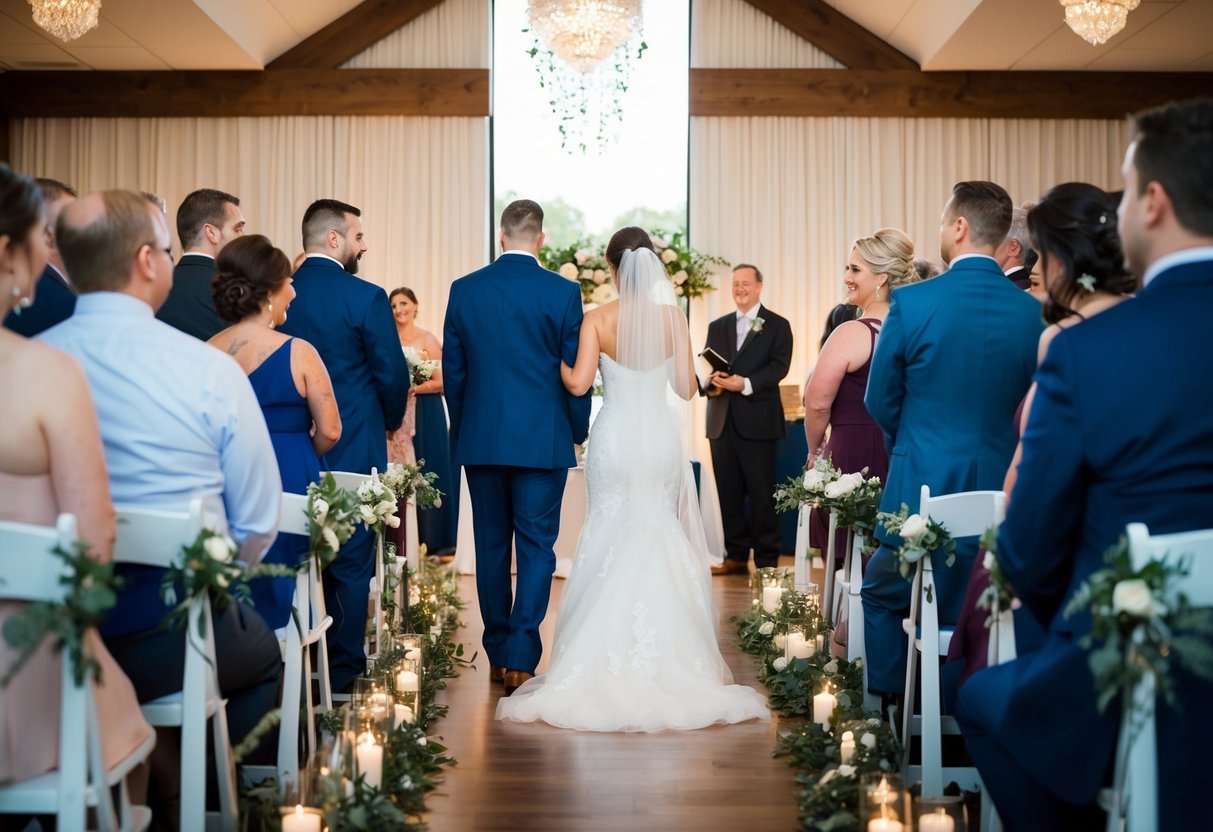 A wedding ceremony ends, guests transition to a reception space