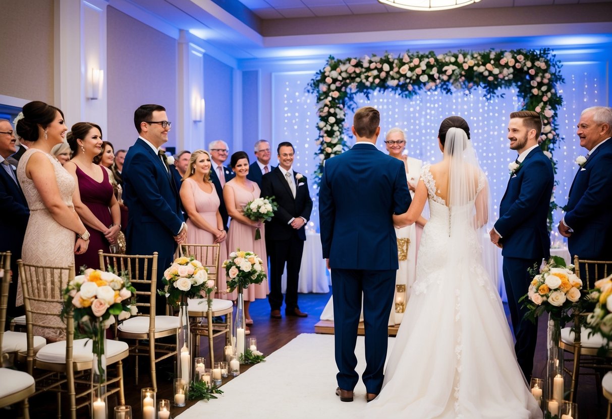 A bride and groom stand at the altar, while guests gather at a nearby reception venue adorned with flowers and twinkling lights