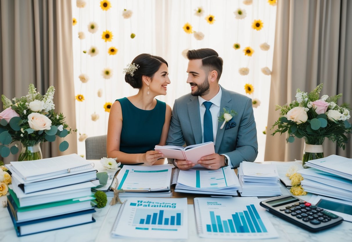 A couple sits at a table covered in wedding planning books and spreadsheets, surrounded by flowers, decorations, and a budget calculator