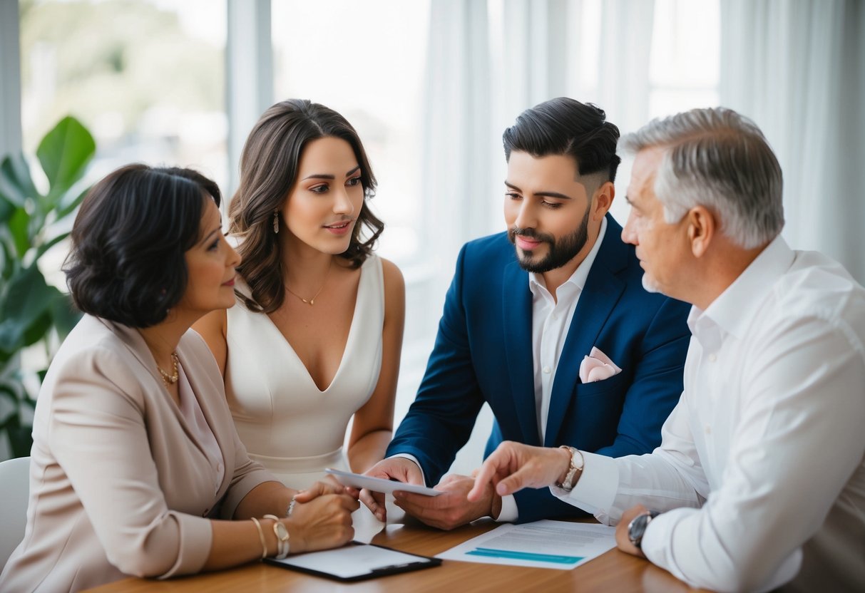 A couple discussing wedding expenses with concerned parents