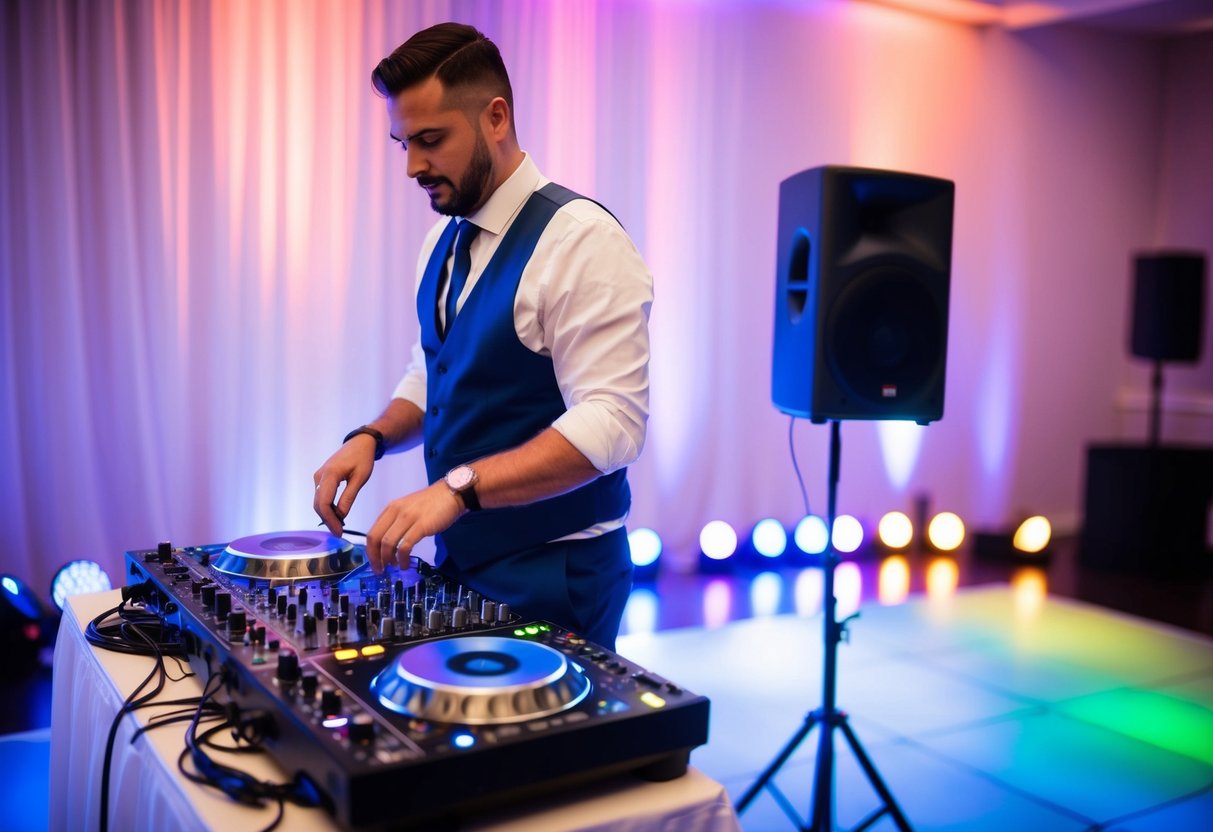 A DJ at a wedding adjusts sound equipment and selects music on a stage with colorful lights and a dance floor
