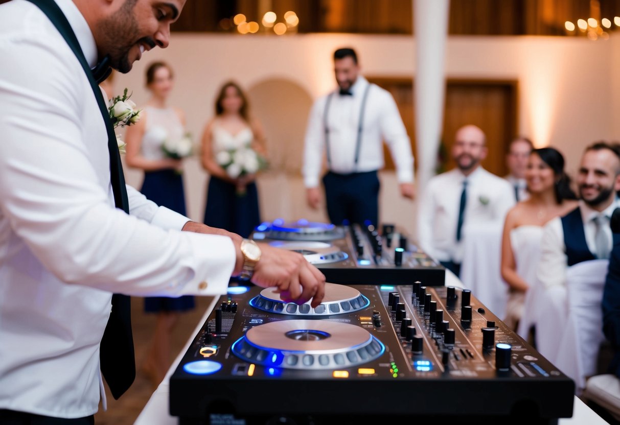 A DJ adjusts sound equipment during a wedding ceremony, transitioning between songs to create a seamless and joyful atmosphere
