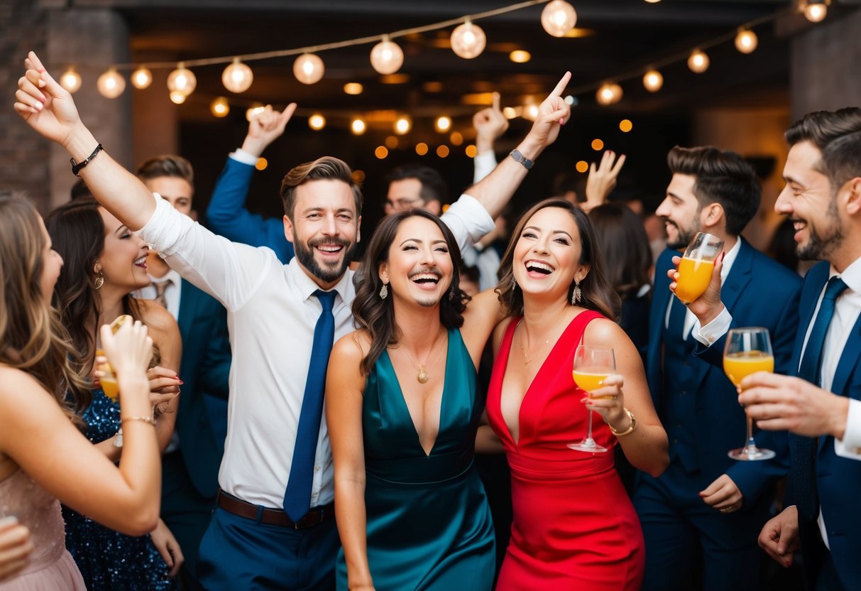 A joyful couple celebrating with friends at a lively after party, with music, dancing, and drinks flowing