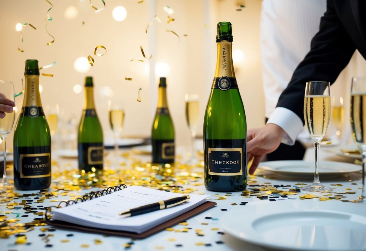 Empty champagne bottles and scattered confetti on the floor. A checkbook and pen on the table. A waiter clearing away plates and glasses
