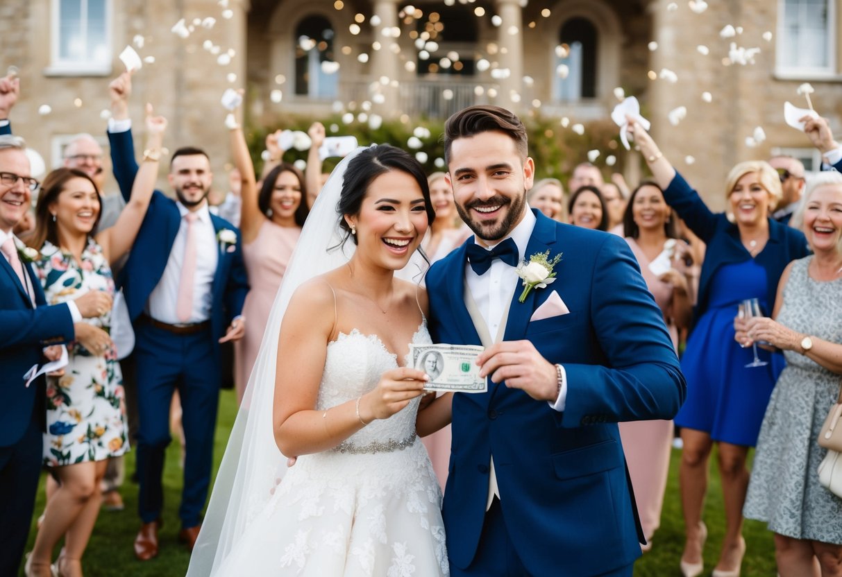 The bride and groom happily cover the expenses for the post-wedding celebration, surrounded by joyful guests