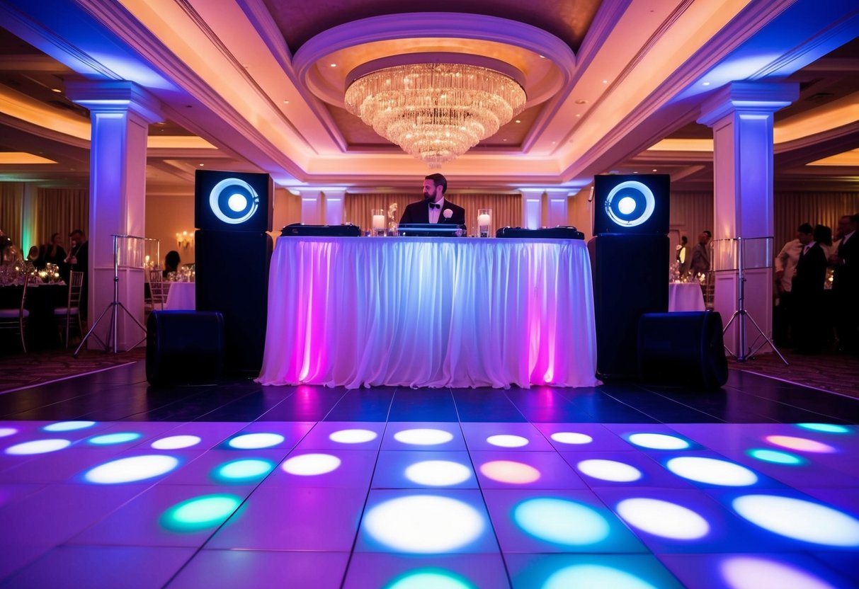 A wedding reception with a DJ booth, dance floor, and colorful lights