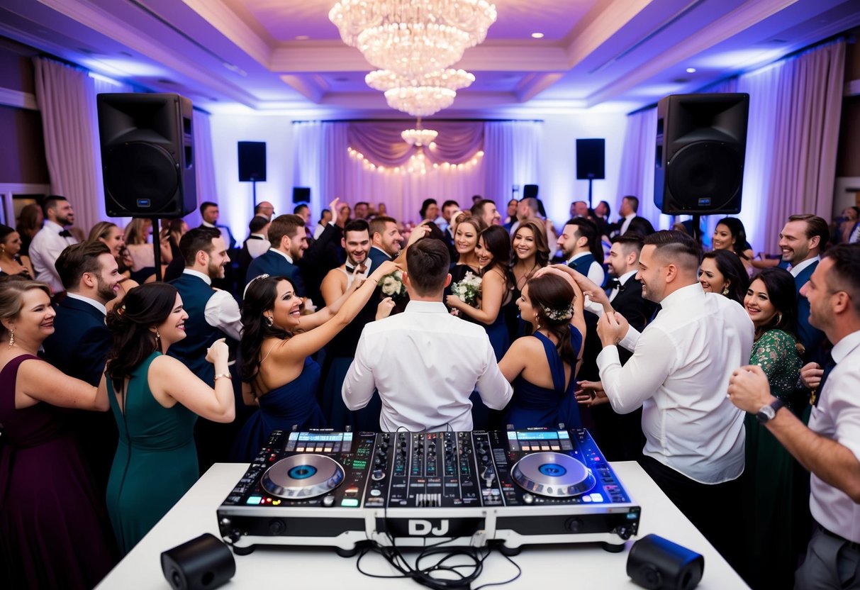 A wedding venue with a DJ booth, sound equipment, and a crowd of guests dancing and celebrating