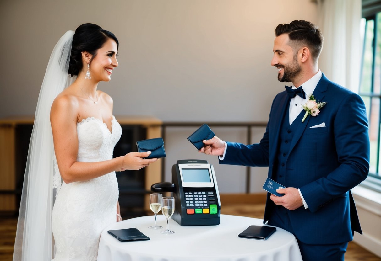 A bride and groom each hold a wallet, standing next to a wedding planner's table with a payment card machine