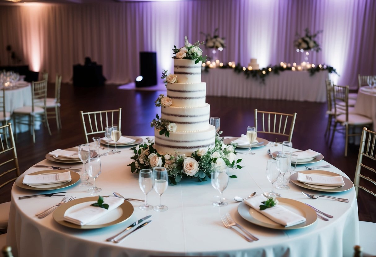 A table set with elegant place settings, a tiered wedding cake, floral centerpieces, and a dance floor with decorative lighting