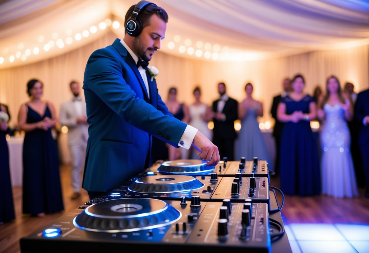 A wedding DJ stands behind a professional sound system, adjusting knobs and sliders while a dance floor awaits in front of them
