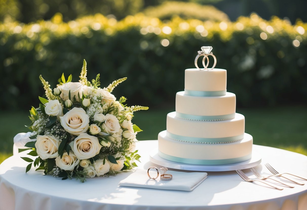 A wedding package scene includes a bouquet of flowers, a tiered wedding cake, a set of elegant wedding rings, and a decorative table setting