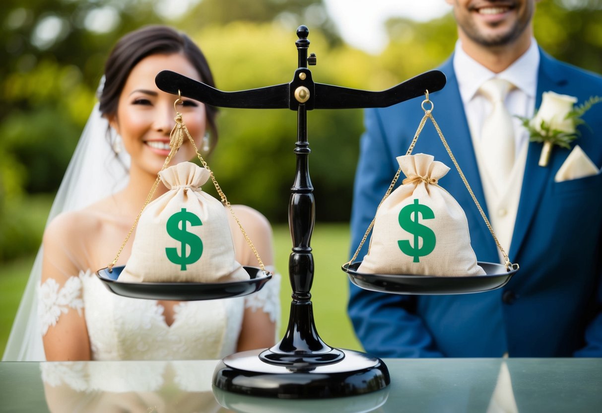 A bride and groom's families each contribute to a wedding budget, symbolized by a scale with money bags on each side