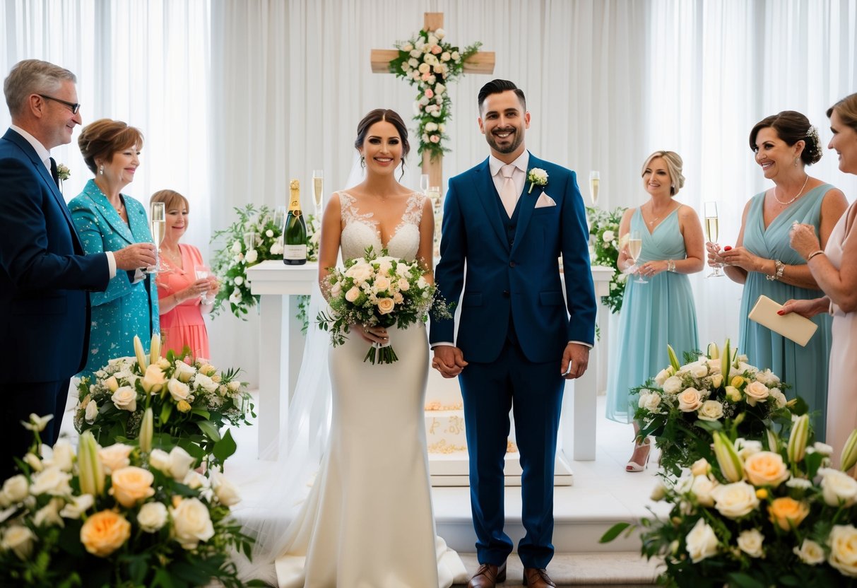 A bride and groom stand at an altar surrounded by flowers, with a wedding cake and champagne nearby. Family members are seen contributing to the wedding expenses