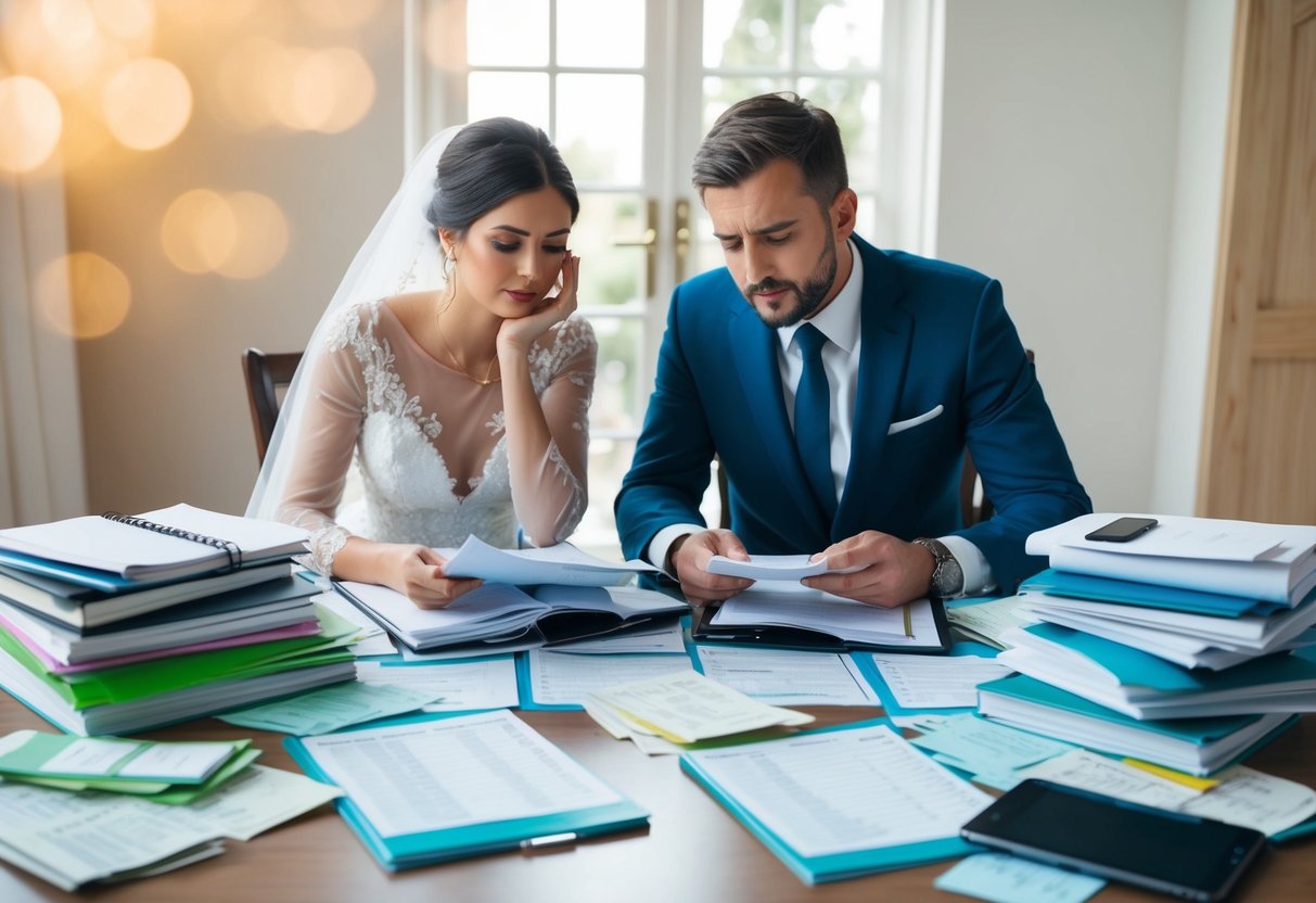 A couple sits at a table covered in wedding planning books and spreadsheets, surrounded by receipts and bills. They look stressed as they discuss the expenses of their upcoming wedding celebrations