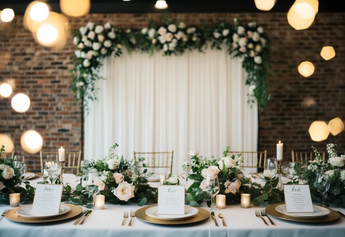 A wedding package scene featuring a customizable backdrop, floral arrangements, decorative lighting, and personalized table settings