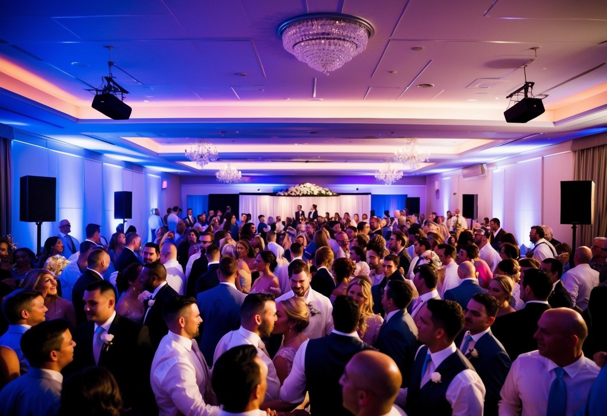 A crowded dance floor at a wedding, with a DJ booth and speakers in the background