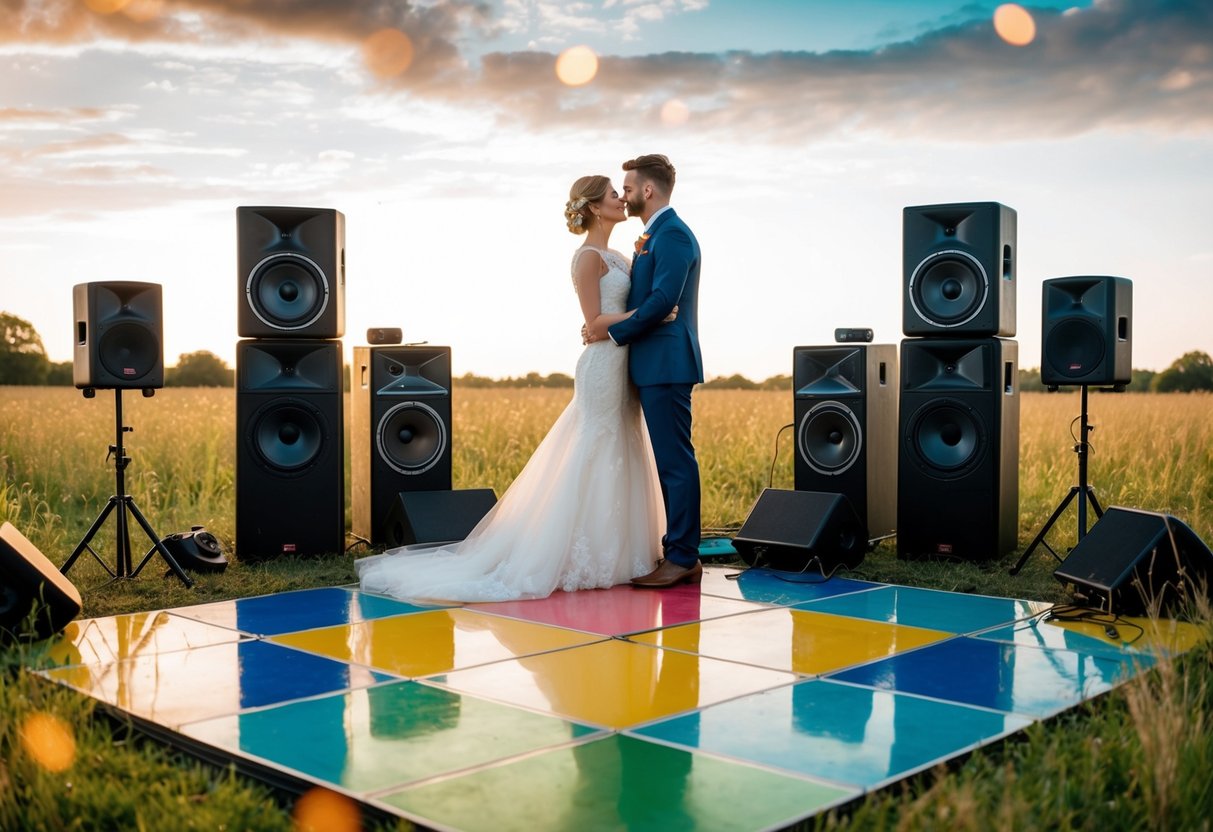 A couple stands in a field surrounded by speakers, instruments, and a colorful dance floor, as they consider alternatives to a traditional wedding DJ